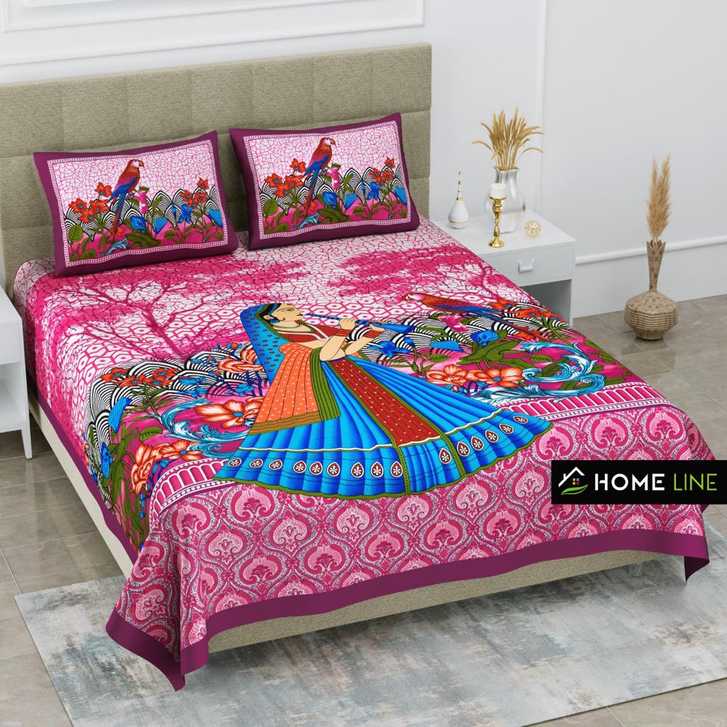 JAIPURI PRINT COTTON DARK PINK BEDSHEET WITH 2 PILLOW COVER(BEDSHEET FOR DOUBLE BED 100% COTTON)