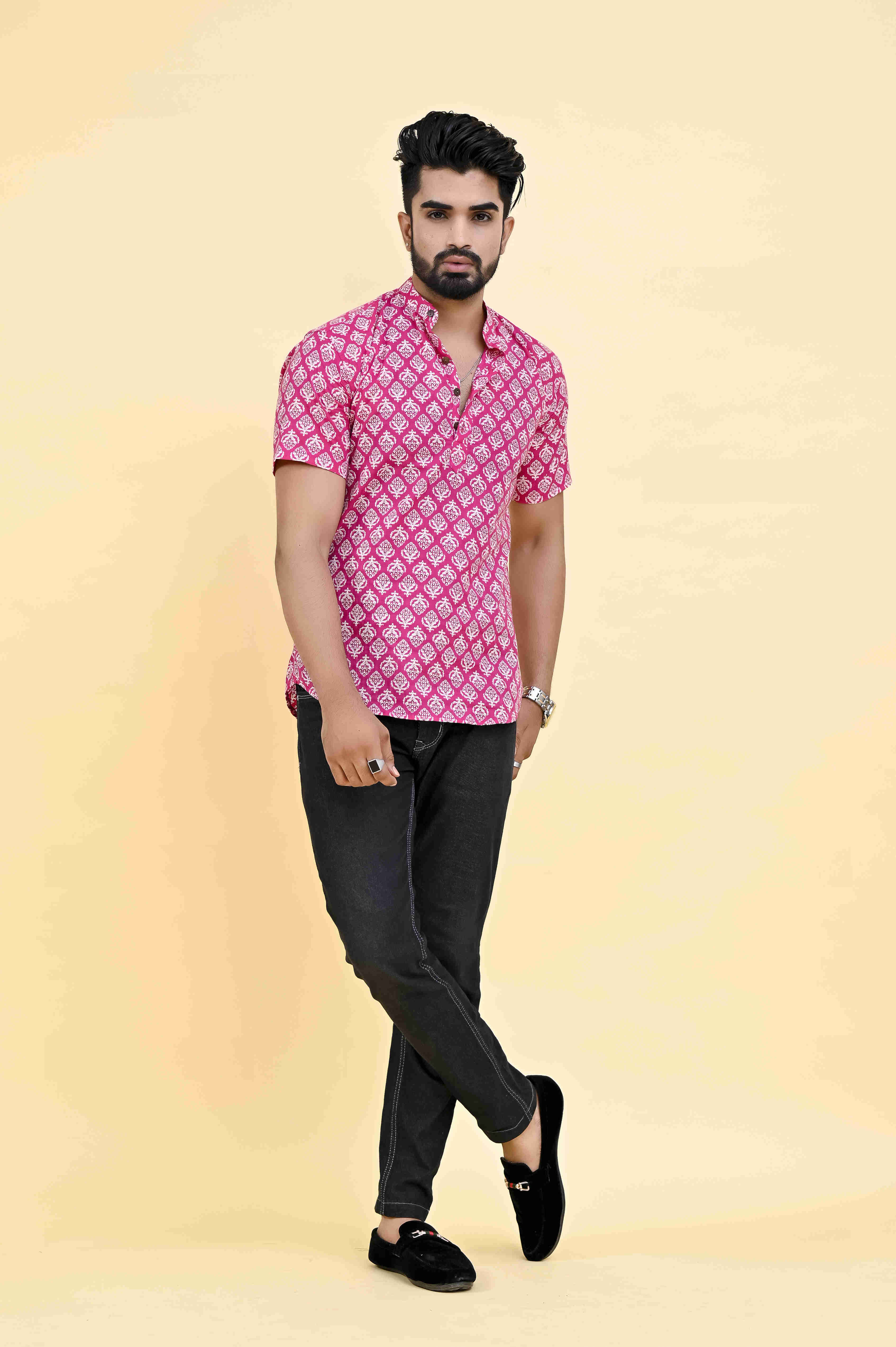 Pink Buti Printed Kurta Half Sleeve For Men & Women